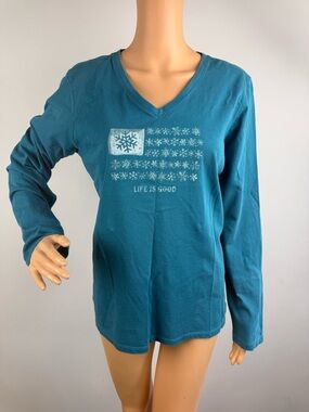 Life Is Good Womens Large Crusher Vee Long Sleeve T-Shirt Snowflake Flag